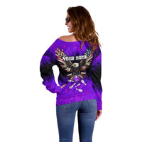 Personalized Patriotic Eagle Bowling Off Shoulder Sweater with Purple Flames USA Flag Wings Design - Wonder Print Shop