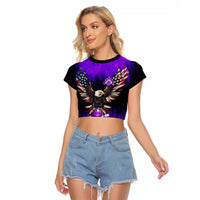 Personalized Patriotic Eagle Bowling Raglan Cropped T Shirt with Purple Flames USA Flag Wings Design - Wonder Print Shop