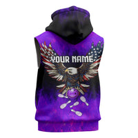 Personalized Patriotic Eagle Bowling Sleeveless Hoodie with Purple Flames USA Flag Wings Design - Wonder Print Shop