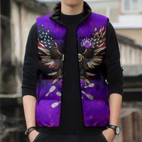 Personalized Patriotic Eagle Bowling Sleeveless Puffer Jacket with Purple Flames USA Flag Wings Design - Wonder Print Shop