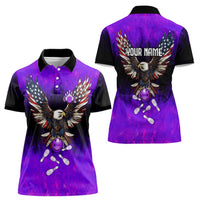 Personalized Patriotic Eagle Bowling Women Polo Shirt with Purple Flames USA Flag Wings Design - Wonder Print Shop