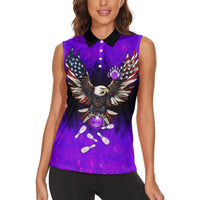 Personalized Patriotic Eagle Bowling Women Sleeveless Polo Shirt with Purple Flames USA Flag Wings Design - Wonder Print Shop