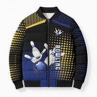 Personalized Blue and Yellow Bowling Bomber Puffer Jacket with Striking Pins Retro Dot Pattern Design - Wonder Print Shop