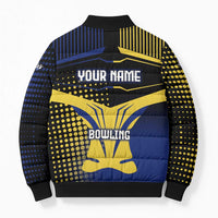 Personalized Blue and Yellow Bowling Bomber Puffer Jacket with Striking Pins Retro Dot Pattern Design - Wonder Print Shop