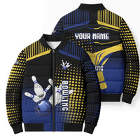 Personalized Blue and Yellow Bowling Bomber Puffer Jacket with Striking Pins Retro Dot Pattern Design - Wonder Print Shop