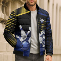 Personalized Blue and Yellow Bowling Bomber Puffer Jacket with Striking Pins Retro Dot Pattern Design - Wonder Print Shop