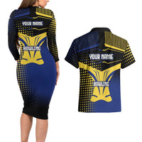 Personalized Blue and Yellow Bowling Couples Matching Long Sleeve Bodycon Dress and Hawaiian Shirt with Striking Pins Retro Dot Pattern Design - Wonder Print Shop