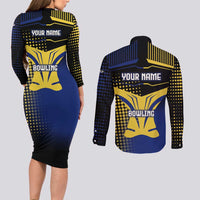 Personalized Blue and Yellow Bowling Couples Matching Long Sleeve Bodycon Dress and Long Sleeve Button Shirt with Striking Pins Retro Dot Pattern Design - Wonder Print Shop