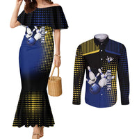Personalized Blue and Yellow Bowling Couples Matching Mermaid Dress and Long Sleeve Button Shirt with Striking Pins Retro Dot Pattern Design - Wonder Print Shop
