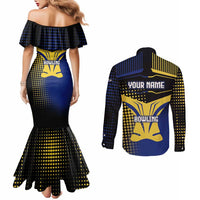 Personalized Blue and Yellow Bowling Couples Matching Mermaid Dress and Long Sleeve Button Shirt with Striking Pins Retro Dot Pattern Design - Wonder Print Shop