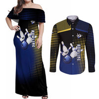 Personalized Blue and Yellow Bowling Couples Matching Off Shoulder Maxi Dress and Long Sleeve Button Shirt with Striking Pins Retro Dot Pattern Design - Wonder Print Shop