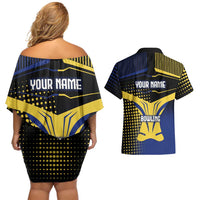 Personalized Blue and Yellow Bowling Couples Matching Off Shoulder Short Dress and Hawaiian Shirt with Striking Pins Retro Dot Pattern Design - Wonder Print Shop