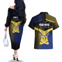 Personalized Blue and Yellow Bowling Couples Matching Off The Shoulder Long Sleeve Dress and Hawaiian Shirt with Striking Pins Retro Dot Pattern Design - Wonder Print Shop
