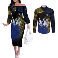 Personalized Blue and Yellow Bowling Couples Matching Off The Shoulder Long Sleeve Dress and Long Sleeve Button Shirt with Striking Pins Retro Dot Pattern Design - Wonder Print Shop