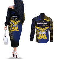 Personalized Blue and Yellow Bowling Couples Matching Off The Shoulder Long Sleeve Dress and Long Sleeve Button Shirt with Striking Pins Retro Dot Pattern Design - Wonder Print Shop