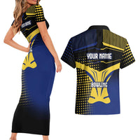 Personalized Blue and Yellow Bowling Couples Matching Short Sleeve Bodycon Dress and Hawaiian Shirt with Striking Pins Retro Dot Pattern Design - Wonder Print Shop