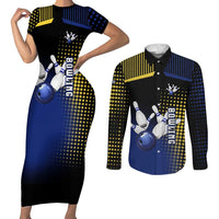 Personalized Blue and Yellow Bowling Couples Matching Short Sleeve Bodycon Dress and Long Sleeve Button Shirt with Striking Pins Retro Dot Pattern Design - Wonder Print Shop