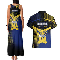 Personalized Blue and Yellow Bowling Couples Matching Tank Maxi Dress and Hawaiian Shirt with Striking Pins Retro Dot Pattern Design - Wonder Print Shop