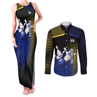 Personalized Blue and Yellow Bowling Couples Matching Tank Maxi Dress and Long Sleeve Button Shirt with Striking Pins Retro Dot Pattern Design - Wonder Print Shop