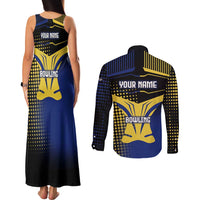 Personalized Blue and Yellow Bowling Couples Matching Tank Maxi Dress and Long Sleeve Button Shirt with Striking Pins Retro Dot Pattern Design - Wonder Print Shop