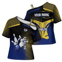 Personalized Blue and Yellow Bowling Cross Shoulder Shirt with Striking Pins Retro Dot Pattern Design - Wonder Print Shop