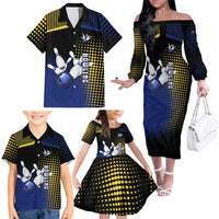 Personalized Blue and Yellow Bowling Family Matching Off The Shoulder Long Sleeve Dress and Hawaiian Shirt with Striking Pins Retro Dot Pattern Design - Wonder Print Shop