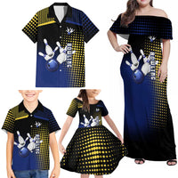 Personalized Blue and Yellow Bowling Family Matching Off Shoulder Maxi Dress and Hawaiian Shirt with Striking Pins Retro Dot Pattern Design - Wonder Print Shop