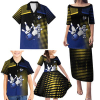 Personalized Blue and Yellow Bowling Family Matching Puletasi and Hawaiian Shirt with Striking Pins Retro Dot Pattern Design - Wonder Print Shop