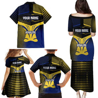 Personalized Blue and Yellow Bowling Family Matching Puletasi and Hawaiian Shirt with Striking Pins Retro Dot Pattern Design - Wonder Print Shop