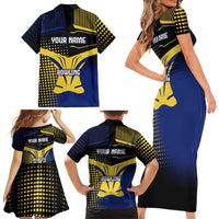 Personalized Blue and Yellow Bowling Family Matching Short Sleeve Bodycon Dress and Hawaiian Shirt with Striking Pins Retro Dot Pattern Design - Wonder Print Shop