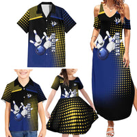 Personalized Blue and Yellow Bowling Family Matching Summer Maxi Dress and Hawaiian Shirt with Striking Pins Retro Dot Pattern Design - Wonder Print Shop