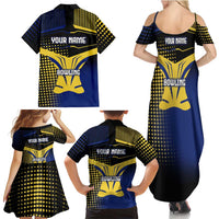 Personalized Blue and Yellow Bowling Family Matching Summer Maxi Dress and Hawaiian Shirt with Striking Pins Retro Dot Pattern Design - Wonder Print Shop