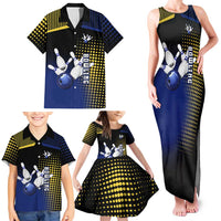 Personalized Blue and Yellow Bowling Family Matching Tank Maxi Dress and Hawaiian Shirt with Striking Pins Retro Dot Pattern Design - Wonder Print Shop