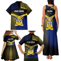 Personalized Blue and Yellow Bowling Family Matching Tank Maxi Dress and Hawaiian Shirt with Striking Pins Retro Dot Pattern Design - Wonder Print Shop