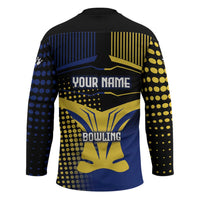 Personalized Blue and Yellow Bowling Hockey Jersey with Striking Pins Retro Dot Pattern Design - Wonder Print Shop