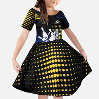 Personalized Blue and Yellow Bowling Kid Short Sleeve Dress with Striking Pins Retro Dot Pattern Design - Wonder Print Shop