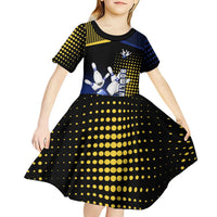 Personalized Blue and Yellow Bowling Kid Short Sleeve Dress with Striking Pins Retro Dot Pattern Design - Wonder Print Shop