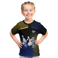 Personalized Blue and Yellow Bowling Kid T Shirt with Striking Pins Retro Dot Pattern Design - Wonder Print Shop