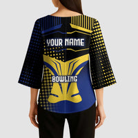 Personalized Blue and Yellow Bowling Kimono Sleeve Blouse with Striking Pins Retro Dot Pattern Design - Wonder Print Shop