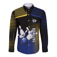 Personalized Blue and Yellow Bowling Long Sleeve Button Shirt with Striking Pins Retro Dot Pattern Design - Wonder Print Shop