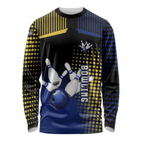 Personalized Blue and Yellow Bowling Long Sleeve Shirt with Striking Pins Retro Dot Pattern Design - Wonder Print Shop