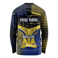 Personalized Blue and Yellow Bowling Long Sleeve Shirt with Striking Pins Retro Dot Pattern Design - Wonder Print Shop