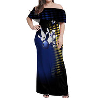 Personalized Blue and Yellow Bowling Off Shoulder Maxi Dress with Striking Pins Retro Dot Pattern Design - Wonder Print Shop
