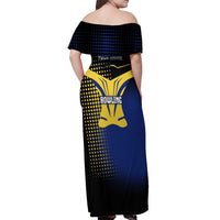 Personalized Blue and Yellow Bowling Off Shoulder Maxi Dress with Striking Pins Retro Dot Pattern Design - Wonder Print Shop