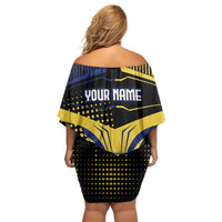 Personalized Blue and Yellow Bowling Off Shoulder Short Dress with Striking Pins Retro Dot Pattern Design - Wonder Print Shop