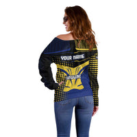 Personalized Blue and Yellow Bowling Off Shoulder Sweater with Striking Pins Retro Dot Pattern Design - Wonder Print Shop