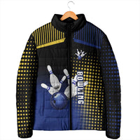 Personalized Blue and Yellow Bowling Padded Jacket with Striking Pins Retro Dot Pattern Design - Wonder Print Shop