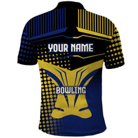 Personalized Blue and Yellow Bowling Polo Shirt with Striking Pins Retro Dot Pattern Design - Wonder Print Shop