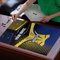 Personalized Blue and Yellow Bowling Puzzle with Striking Pins Retro Dot Pattern Design - Wonder Print Shop