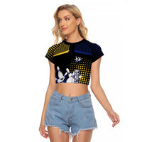 Personalized Blue and Yellow Bowling Raglan Cropped T Shirt with Striking Pins Retro Dot Pattern Design - Wonder Print Shop